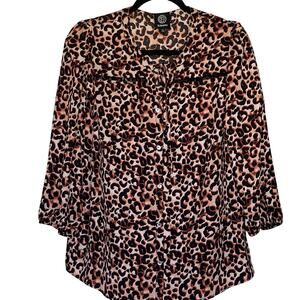 Bobeau Blouse Leopard Flowy Top Tunic Trendy Sexy Office Casual Long‎ Sleeve L